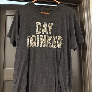 Gray Graphic T-Shirt with Leopard Print 'Day Drinker'